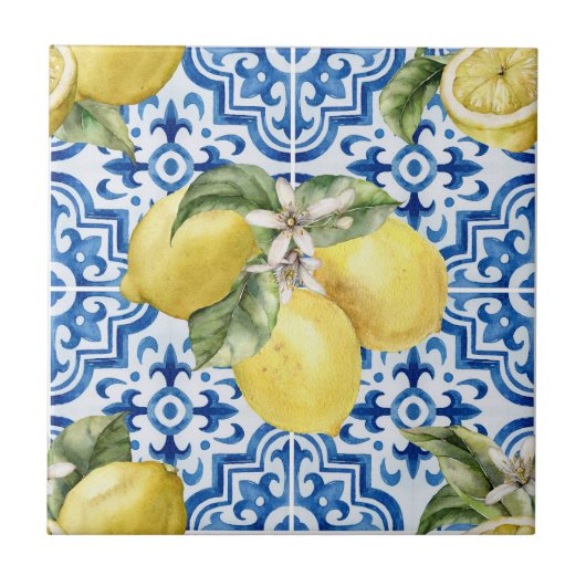 Blue White Mediterranean Lemon Pattern Tegeltje (Voorkant)