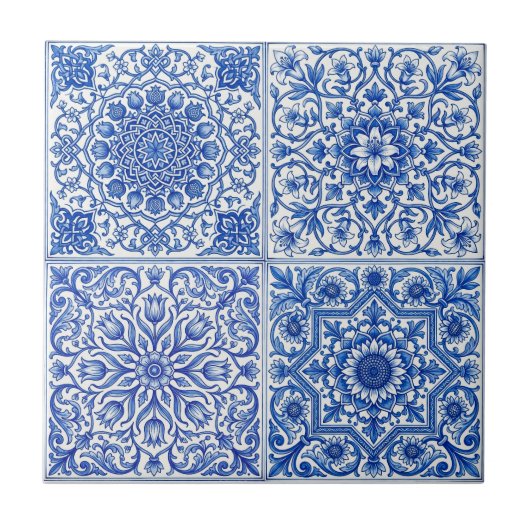 Blue White Mediterranean Tile Botanical Pattern Tegeltje (Voorkant)