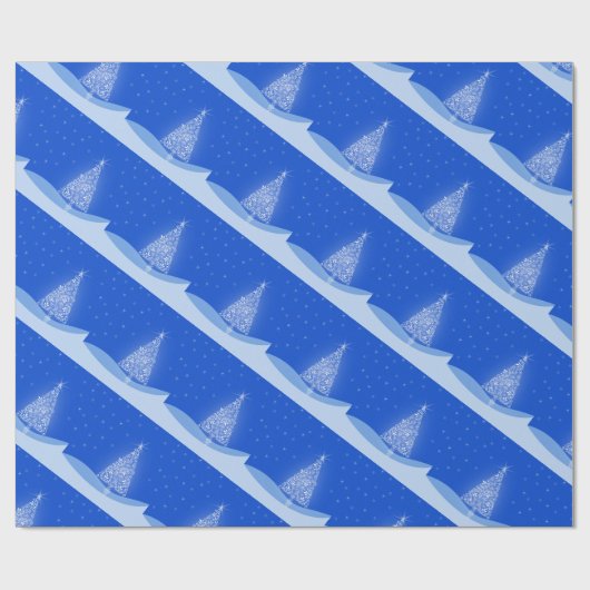 Blue White Merry-kerstboompatroon met sterren Cadeaupapier (Vlak)
