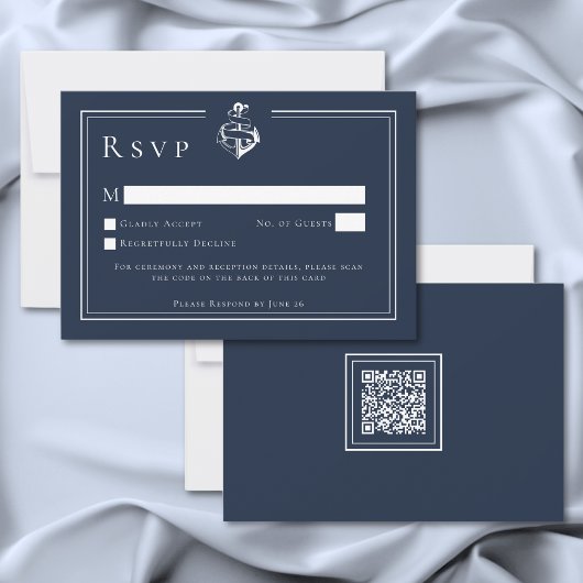 Blue White Minimal Nautical Anchor Coastal Wedding RSVP Kaartje