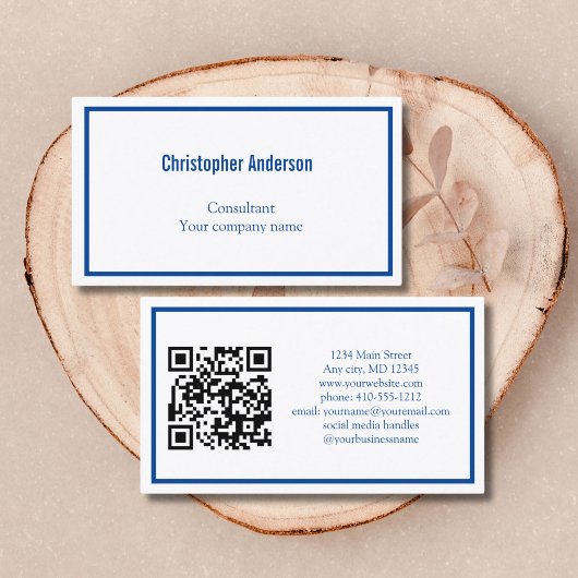 Blue White Minimal Professional Corporate QR-code Visitekaartje