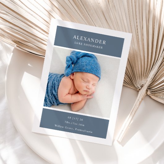 Blue White Minimalist Photo Baby Announcement Card Kaart