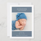Blue White Minimalist Photo Baby Announcement Card Kaart (Voorkant)