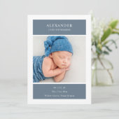 Blue White Minimalist Photo Baby Announcement Card Kaart (Staand voorkant)