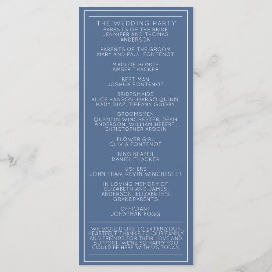 Blue & White Minimalist Wedding Program Programmakaart (Achterkant)