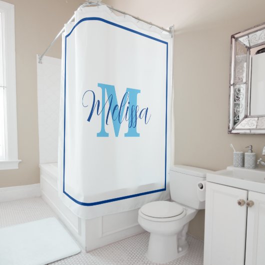 Blue White Monogram Initiaal Aangepaste naam legan Douchegordijn (In situ)