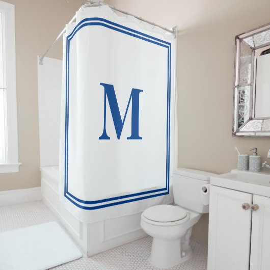 Blue White Monogram Initiaal Aangepaste naam legan Douchegordijn (In situ)