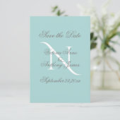 Blue White Monogram Script Weddenschap Save The Date (Staand voorkant)