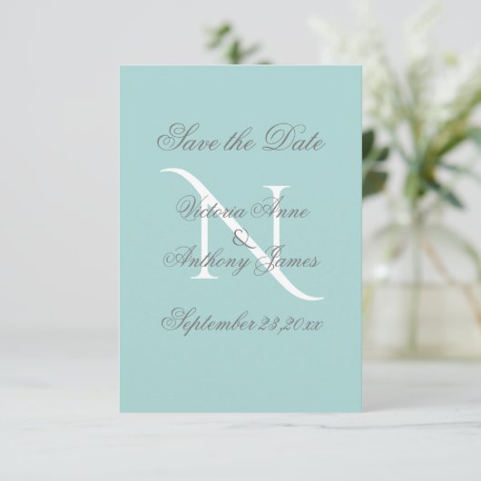 Blue White Monogram Script Weddenschap Save The Date (Staand voorkant)