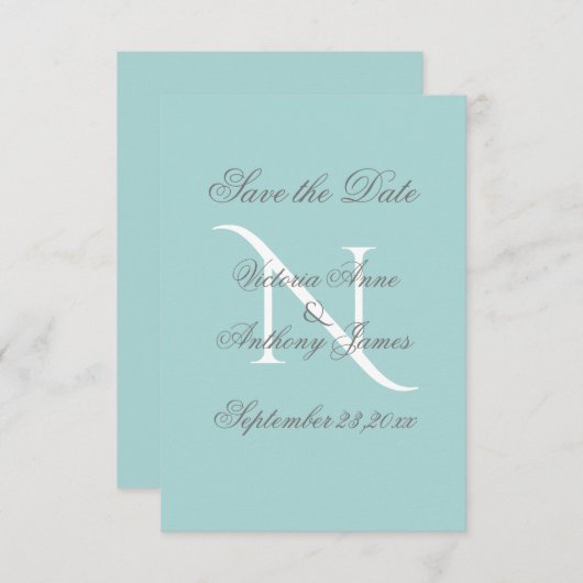 Blue White Monogram Script Weddenschap Save The Date (Voorkant / Achterkant)