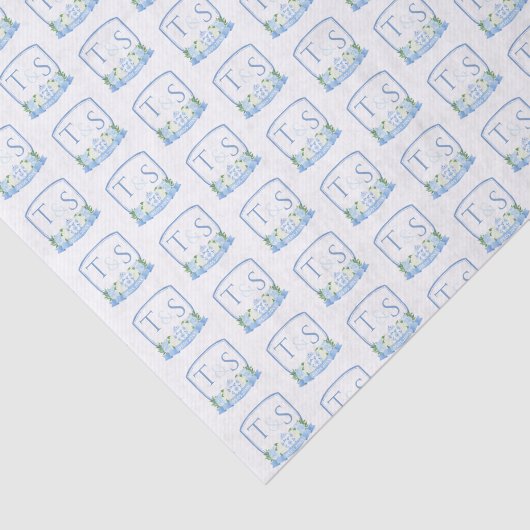 Blue White Monogram Weddenschap Welkomstbox Tissuepapier (Detail)