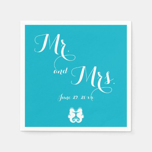 Blue White Mr en Mrs Seahorse Wedding Napkins Servet (Voorkant)