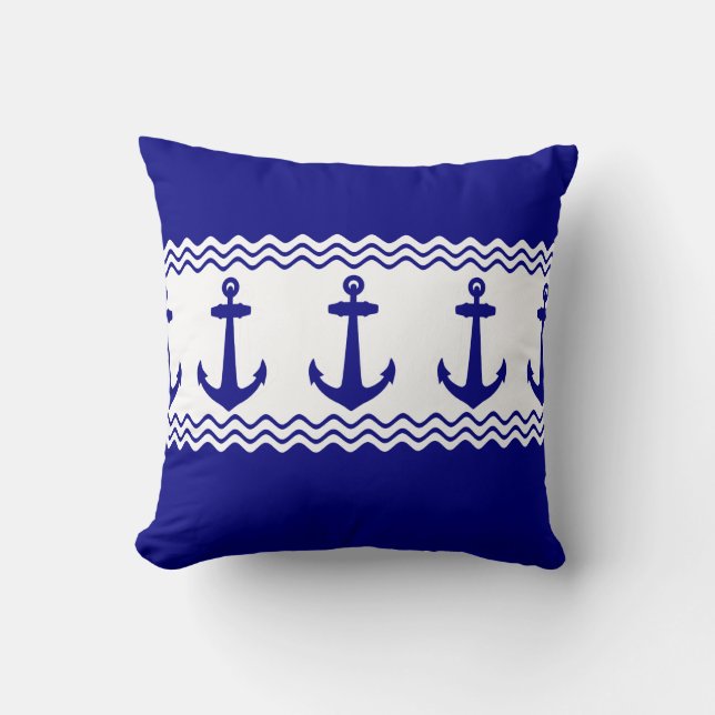 Blue White Nautical Anchor Coastal Stripes Kussen (Voorkant)