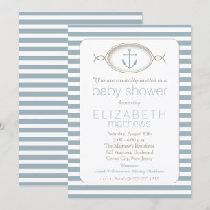 Blue White Nautical Anchor Striped Boy Baby shower Kaart