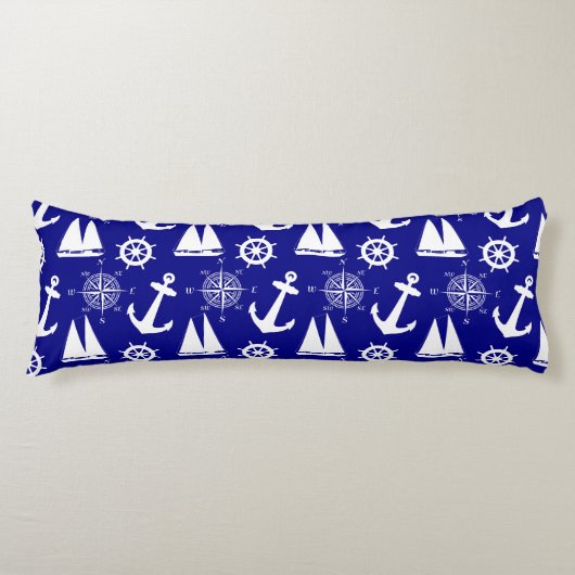 Blue White Nautical Coastal Boating Lichaamskussen (Voorkant)