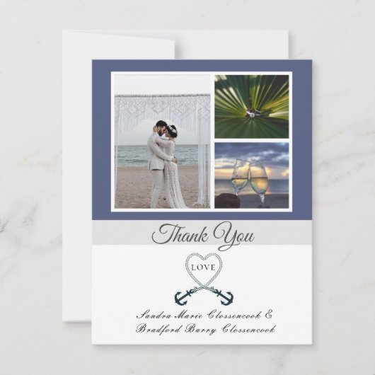 Blue White Nautical Heart Anchor Wedding Photo Bedankkaart (Voorkant)