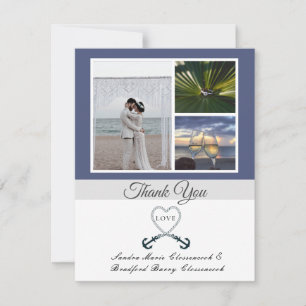 Blue White Nautical Heart Anchor Wedding Photo Bedankkaart