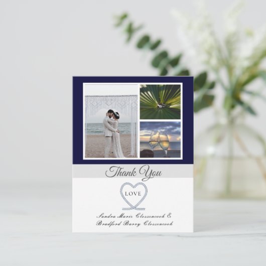 Blue White Nautical Heart Anchor Wedding Photo Tha Bedankkaart (Staand voorkant)