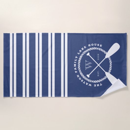 Blue White Nautical Lake House Monogram Strandlaken (Voorkant)