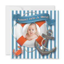 Blue, White Nautical Photo Baby shower Invitation