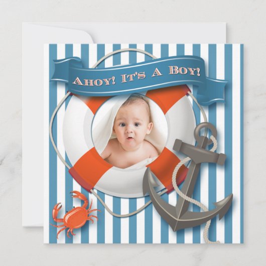 Blue, White Nautical Photo Baby shower Invitation Kaart (Voorkant)