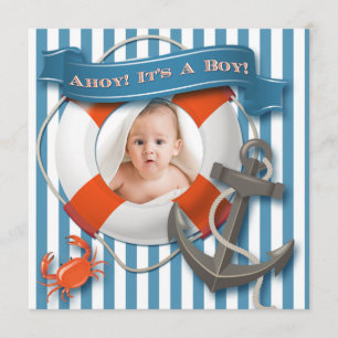 Blue, White Nautical Photo Baby shower Invitation Kaart