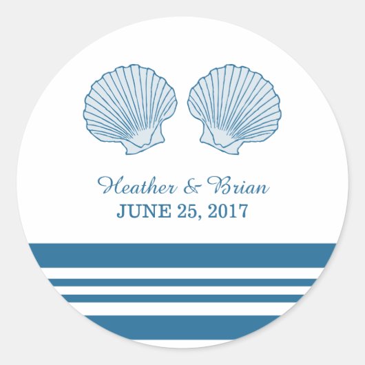 Blue White Nautical Seashells Weddenschappen Ronde Sticker (Voorkant)