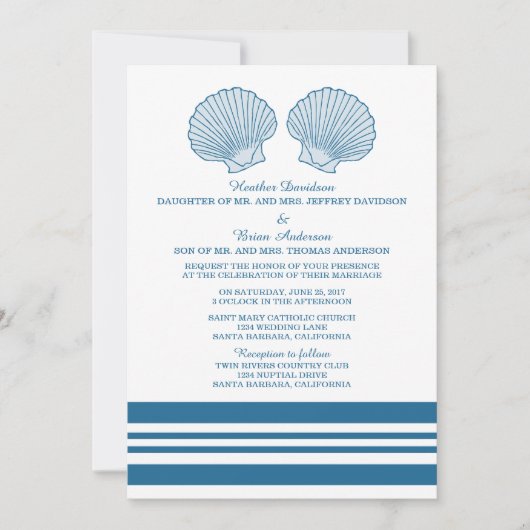 Blue White Nautical Seashells Wedding Invite Kaart (Voorkant)