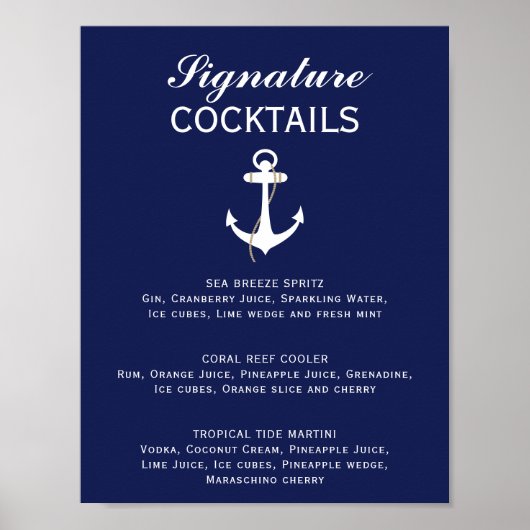 Blue & White Nautical Wedding Signature Cocktail Poster (Voorkant)