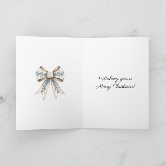 Blue White Nordic Cream Bow Christmas Kaart (Binnen)