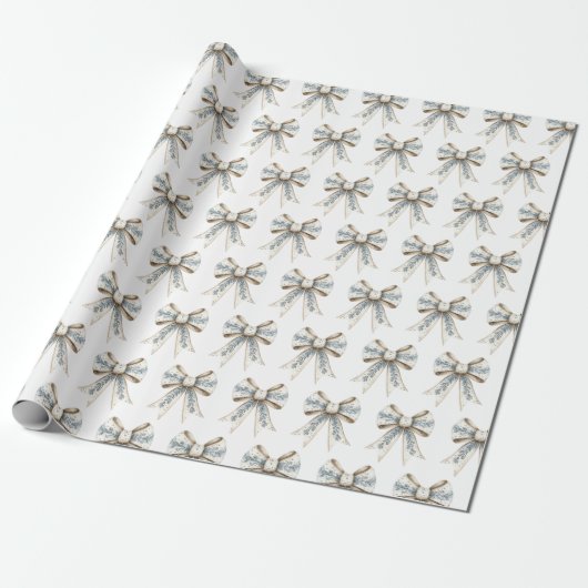 Blue White Nordic Cream Bows Christmas Cadeaupapier (Uitgerold)