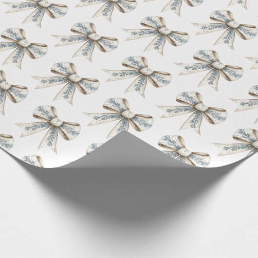 Blue White Nordic Cream Bows Christmas Cadeaupapier (Hoek)