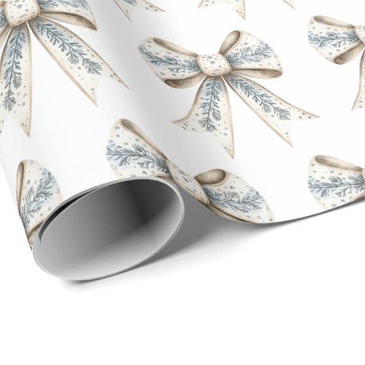 Blue White Nordic Cream Bows Christmas Cadeaupapier (Rol Hoek)