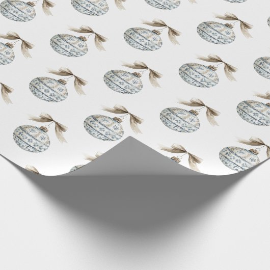 Blue White Nordic Ornaments Cream Bow Christmas Cadeaupapier (Hoek)
