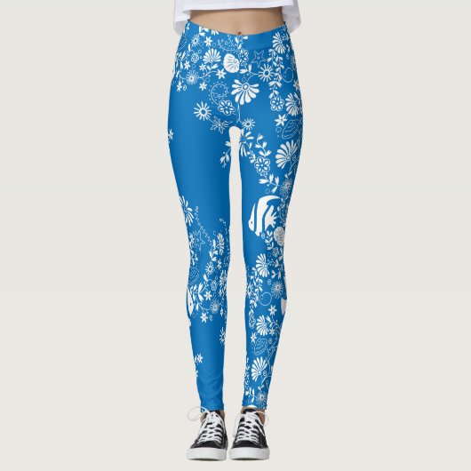 Blue White Ocean Life Patroon Leggings (Voorkant)