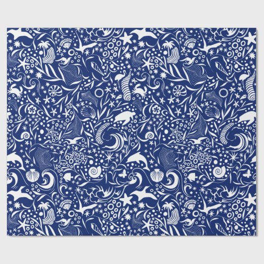 Blue White Ocean Pattern | Dolphin Wave Shell Crab Cadeaupapier (Vlak)