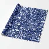 Blue White Ocean Pattern | Dolphin Wave Shell Crab Cadeaupapier (Uitgerold)