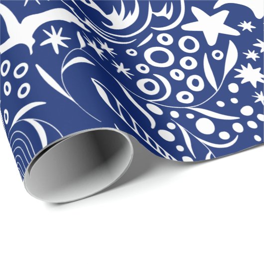 Blue White Ocean Pattern | Dolphin Wave Shell Crab Cadeaupapier (Rol Hoek)