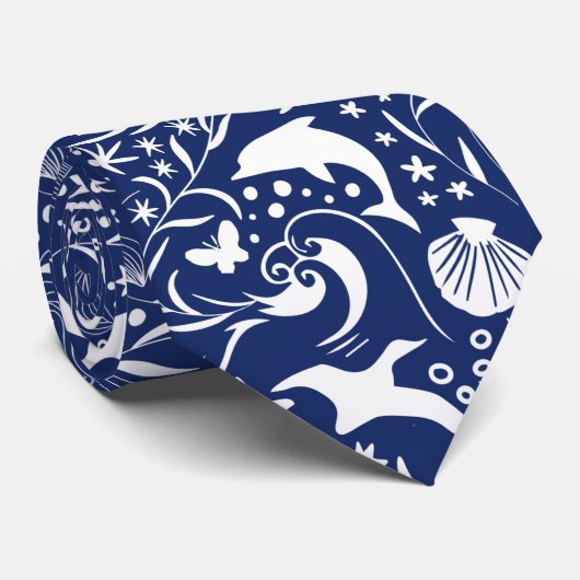 Blue White Ocean Pattern Dolphin Waves Shell Crab Stropdas (Opgerold)