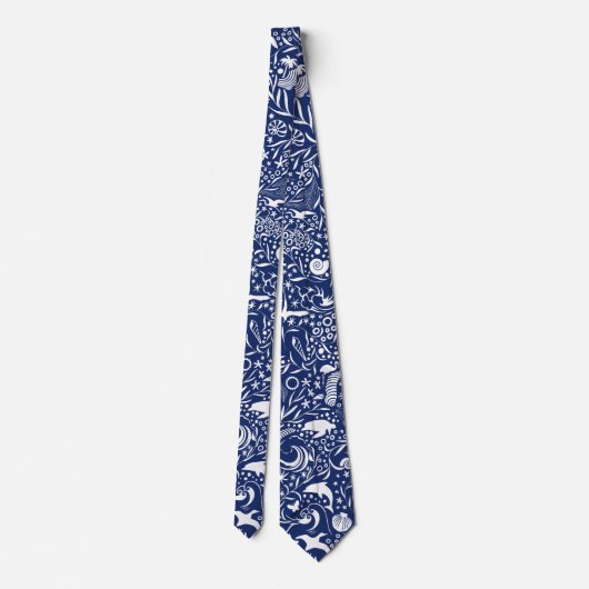 Blue White Ocean Pattern Dolphin Waves Shell Crab Stropdas (Achterkant)
