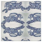 Blue White Oriental Style Rabbits Designer Fabric Stof (Close Up)