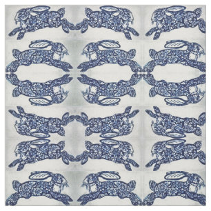 Blue White Oriental Style Rabbits Designer Fabric Stof