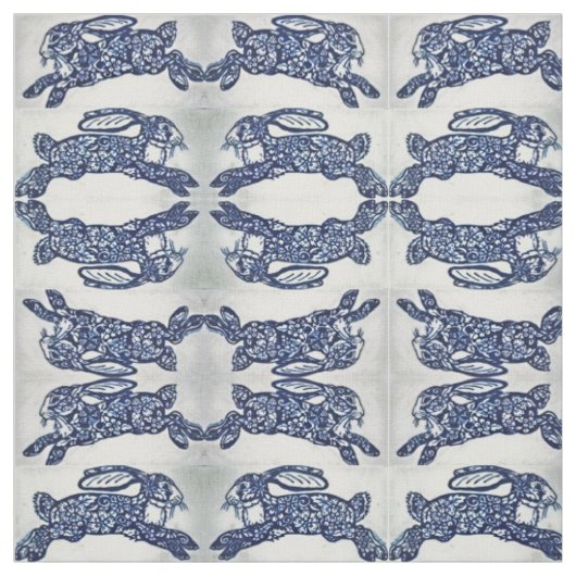 Blue White Oriental Style Rabbits Designer Fabric Stof (Swatch)