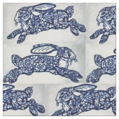 Blue White Oriental Style Rabbits Designer Fabric Stof (Close Up)