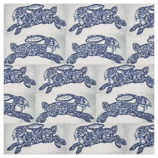 Blue White Oriental Style Rabbits Designer Fabric Stof (Swatch)