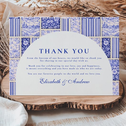 Blue White Patchwork Toile Wedding Bedankkaart