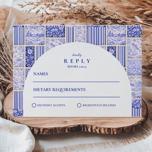 Blue White Patchwork Toile Wedding RSVP Kaartje