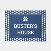 Blue White Paw Print Dog Name Deurmat (Voorkant)