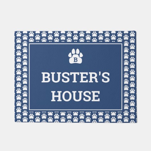 Blue White Paw Print Dog Name Deurmat (Voorkant)
