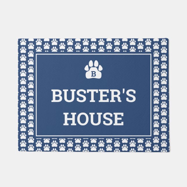 Blue White Paw Print Dog Name Deurmat (Voorkant)